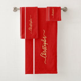 Rood Wit Racing Stripes Faux Gold Monogrammed Bad Handdoek