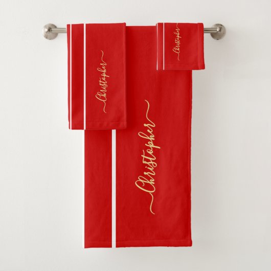Rood Wit Racing Stripes Faux Gold Monogrammed Bad Handdoek (Insitu)