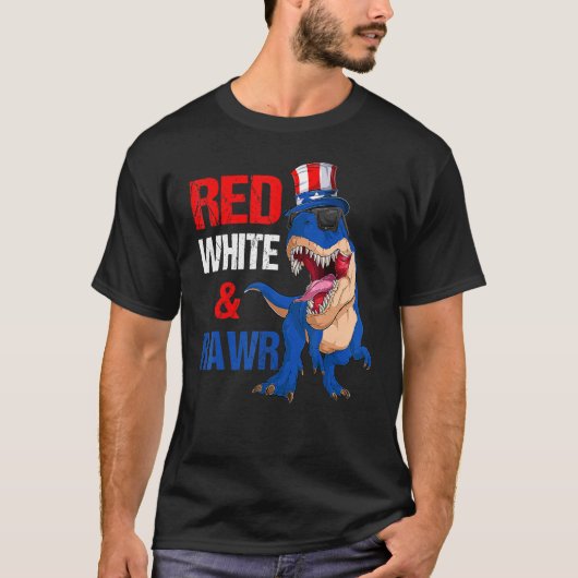 Rood Wit & Rawr Dinosaurus Rex Amerikaanse vlag 4e T-shirt (Voorkant)
