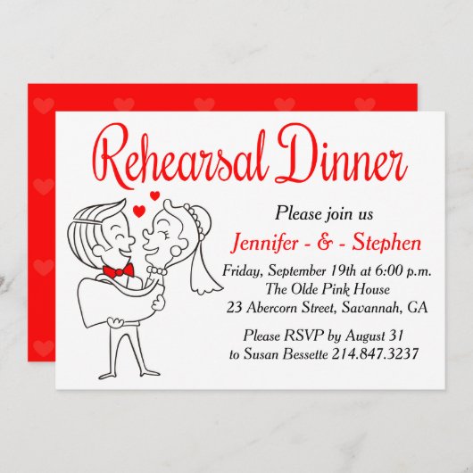 Rood & Wit Repetitie Diner Cartoon Bruid & Bruideg Kaart (Voorkant / Achterkant)