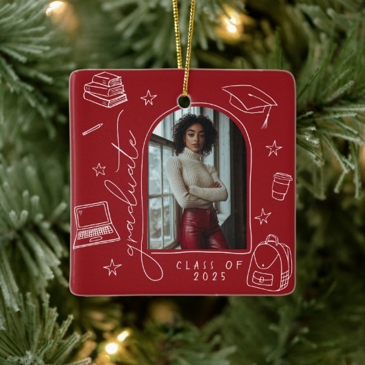 Rood Wit Retro Hand getekend Foto Afstuderen Keramisch Ornament (Boom)