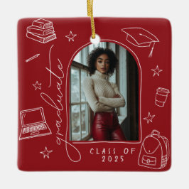 Rood Wit Retro Hand getekend Foto Afstuderen Keramisch Ornament