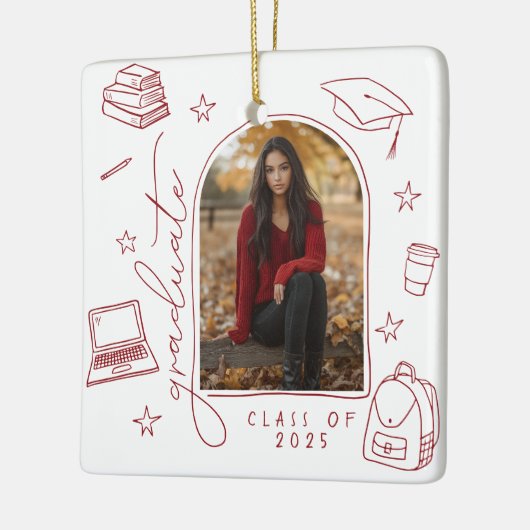 Rood Wit Retro Hand getekend Foto Afstuderen Keramisch Ornament (Links)