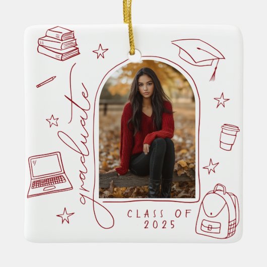 Rood Wit Retro Hand getekend Foto Afstuderen Keramisch Ornament (Voorkant)