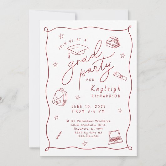 Rood Wit Retro Hand getrokken Afstudeerder Uitnodi Aankondiging (Voorkant)