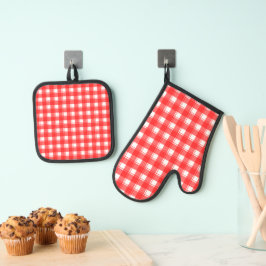 Rood Wit Retro Plaid Patroon Ovenwant & Pannenlap Set