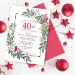 Rood Wit Rose Bloemen Holly 40ste Verjaardagsfeest Kaart<br><div class="desc">Een delicaat en feestelijk vakantie lijst bevat rode en witte rozen genesteld in holly en eucalyptus bladeren. De naam en het jaar van de feestdag zijn in  rood geschreven. Perfect voor een wintervakantie verjaardagsfeestje. Gemakkelijk aan te passen.</div>