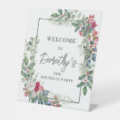 Rood Wit Rose Bloemen Holly 70ste verjaardagsfeest Reclamebord Met Voetstuk (Voorkant)