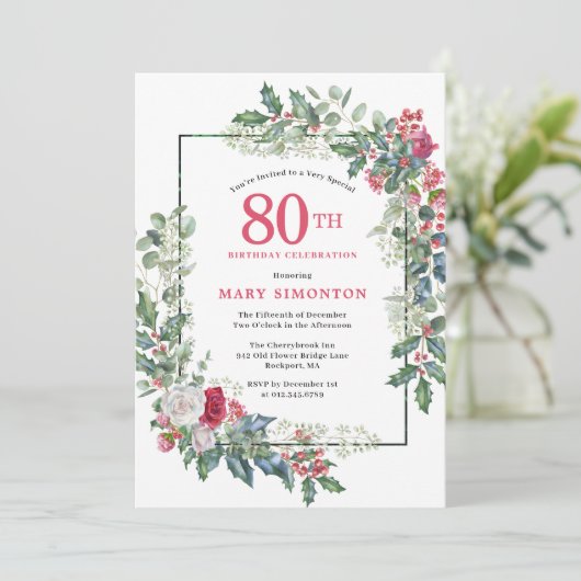 Rood Wit Rose Bloemen Holly 80ste Verjaardagsfeest Kaart (Staand voorkant)