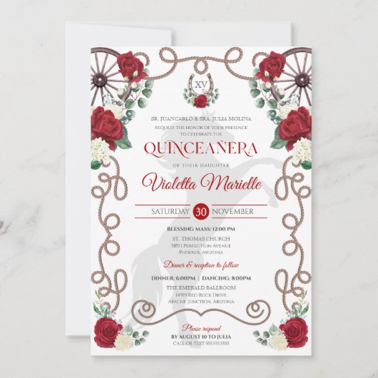 Rood Wit Rose Elegant Western Charra Quinceanera Kaart (Voorkant)