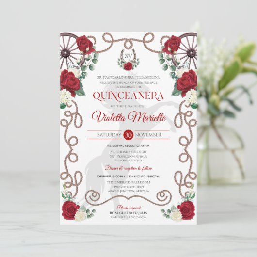 Rood Wit Rose Elegant Western Charra Quinceanera Kaart (Staand voorkant)