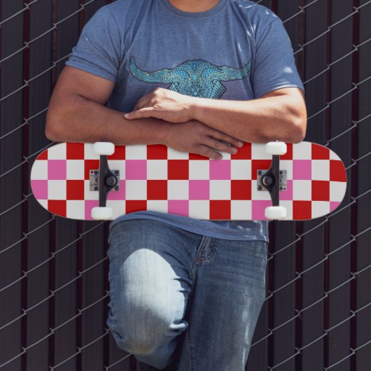 Rood Wit Roze Geruit Patroonontwerp Persoonlijk Skateboard (Buiten 3)