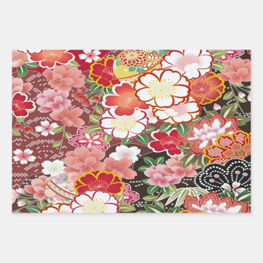 Rood Wit Roze Japans Kimono Bloemen Decoupage Inpakpapier Vel (Voorkant 3)
