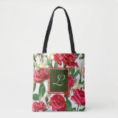 Rood Wit Rozen Bloemen Monogram Aangepast Tote Bag (Voorkant)