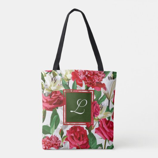 Rood Wit Rozen Bloemen Monogram Aangepast Tote Bag (Achterkant)