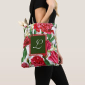 Rood Wit Rozen Bloemen Monogram Aangepast Tote Bag (Dichtbij)