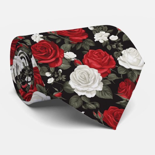 Rood Wit rozen bloemen patroon Stropdas (Opgerold)