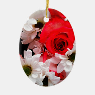 Rood-wit-Rozen-Daisies-Bouquet-Oval Keramisch Ornament