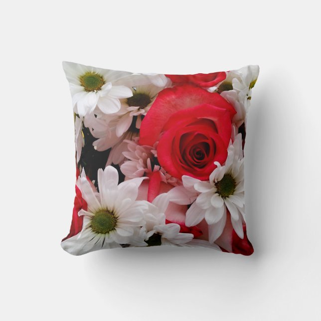 Rood-wit, Rozen en Daisies Bouquet-Sq Pillow Kussen (Voorkant)