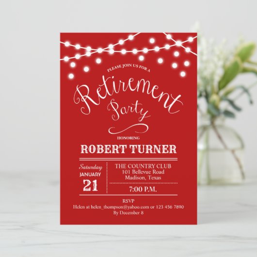 Rood Wit Rustiek Pensioen Party Uitnodiging (Staand voorkant)