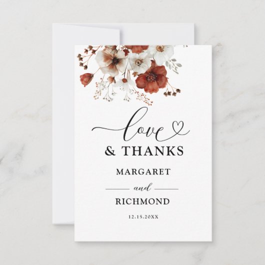 Rood & Wit Rustieke Bloemen Huwelijk Dank u Kaarte Bedankkaart (Voorkant)