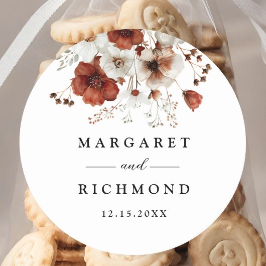 Rood & Wit Rustieke Bloemen Huwelijk Ronde Sticker