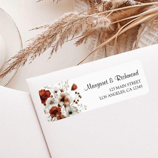 Rood & Wit Rustieke Bloemen Trouwadres Etiket
