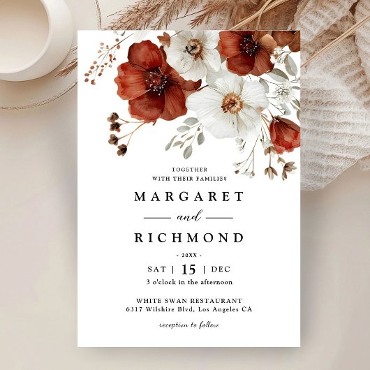 Rood & Wit Rustieke Waterverf Bloemen Huwelijk Kaart