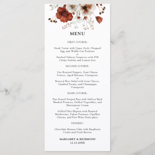 Rood Wit Rustieke Waterverf Bloemen Trouwmenu Menu (Voorkant)