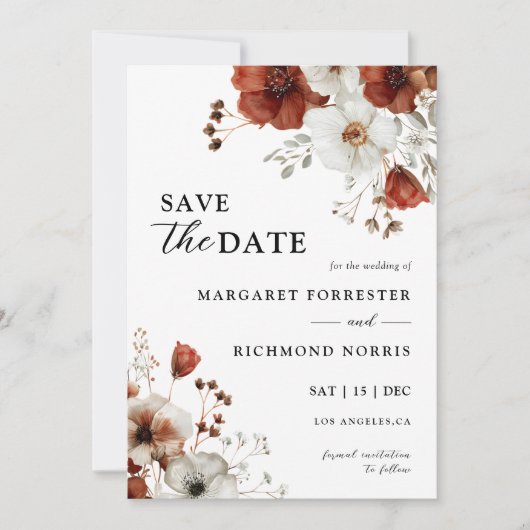 Rood & Wit Rustieke Waterverf Floral Save The Date Kaart (Voorkant)
