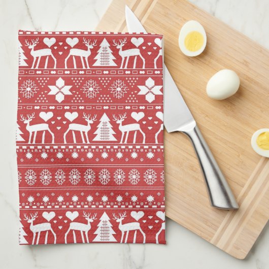 Rood & Wit Scandinavische Winterkerst Theedoek (Quarter Fold)