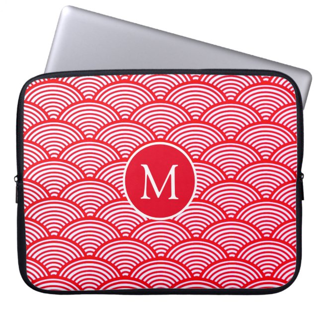 Rood-wit schelpmotief met monogram laptop sleeve (Voorkant)