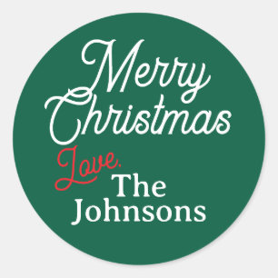 Rood Wit Script Custom Name Merry Christmas Green Ronde Sticker