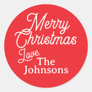 Rood Wit Script Custom Name Merry Christmas Label