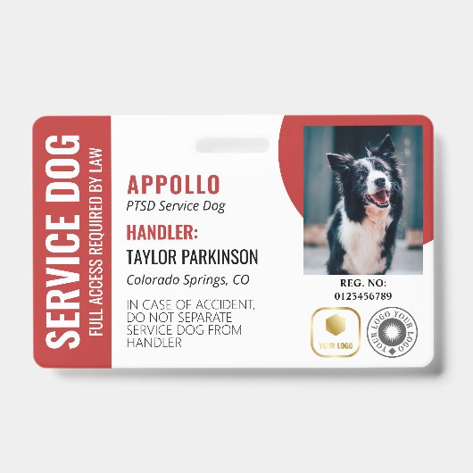 Rood Wit Service Hond 2 Logo's & Foto ID Badge (Voorkant)
