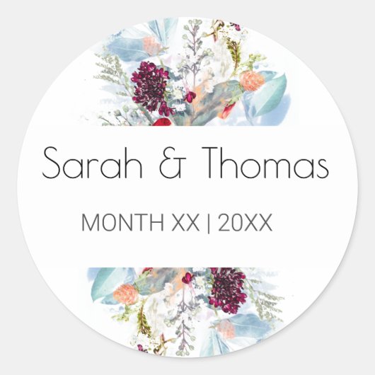 ROOD WIT & SINAASAPPEL BLOEMIGE ELEGANTE BRUILOFT RONDE STICKER (Voorkant)