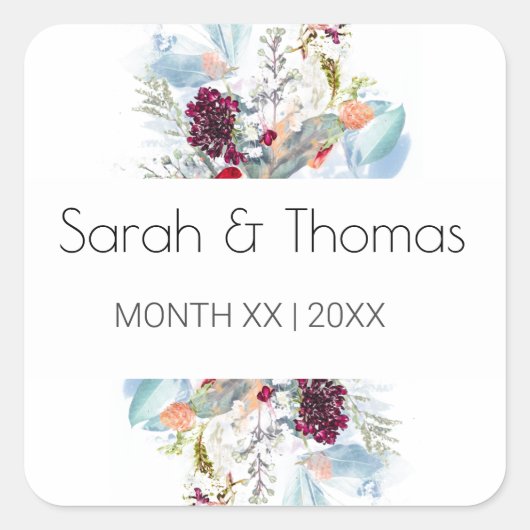 ROOD WIT & SINAASAPPEL BLOEMIGE ELEGANTE BRUILOFT VIERKANTE STICKER (Voorkant)