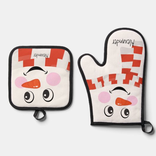 Rood Wit Sjaal Kerstmis Sneeuwman Grappig Gezicht  Ovenwant & Pannenlap Set (Voorkant)