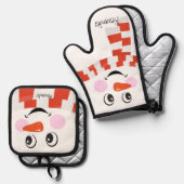 Rood Wit Sjaal Kerstmis Sneeuwman Grappig Gezicht  Ovenwant & Pannenlap Set (Voorkant / Achterkant)