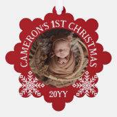 Rood Wit Sneeuwvlokken Baby's 1e Kerstmis Ornament Kaart (Achterkant)