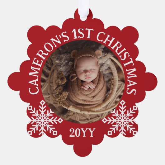 Rood Wit Sneeuwvlokken Baby's 1e Kerstmis Ornament Kaart (Achterkant)