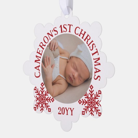 Rood Wit Sneeuwvlokken Baby's 1e Kerstmis Ornament Kaart (Links)