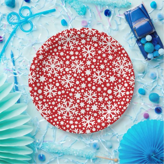 Rood wit sneeuwvlokpatroon bord (Feest)