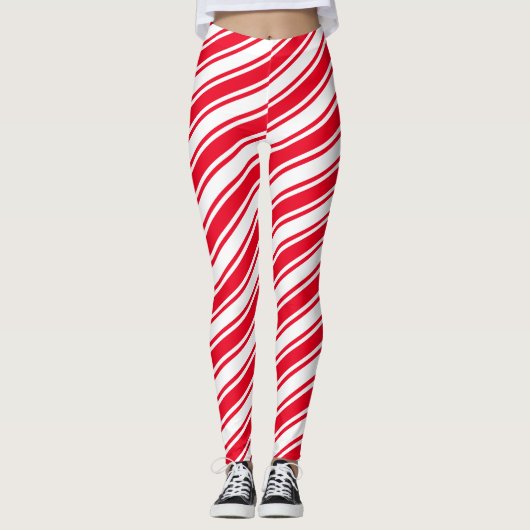 Rood wit snoepje diagonaal strepe kerstmis leggings (Voorkant)