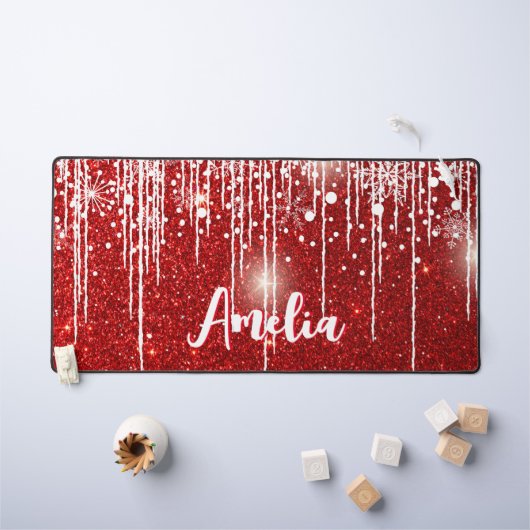 Rood Wit Snowy Snowflake Jouw naam Bureaumat (Kindertafel)