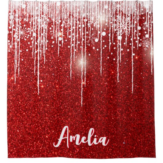 Rood Wit Snowy Snowflake Jouw naam Douchegordijn (Voorkant)