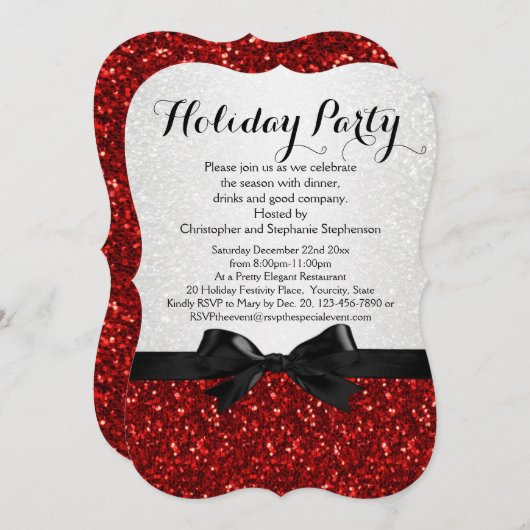 Rood/Wit Sparkly Bow Shaped Holiday Party Kaart (Voorkant / Achterkant)