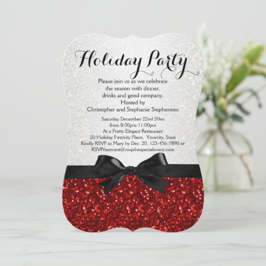 Rood/Wit Sparkly Bow Shaped Holiday Party Kaart (Staand voorkant)