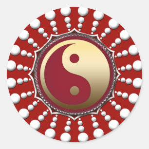 Rood & Wit Stippen Golden Yin Yang Sticker
