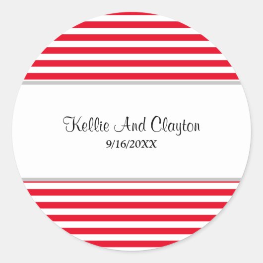 Rood/Wit Strepen Bruiloft Classic Ronde Sticker (Voorkant)